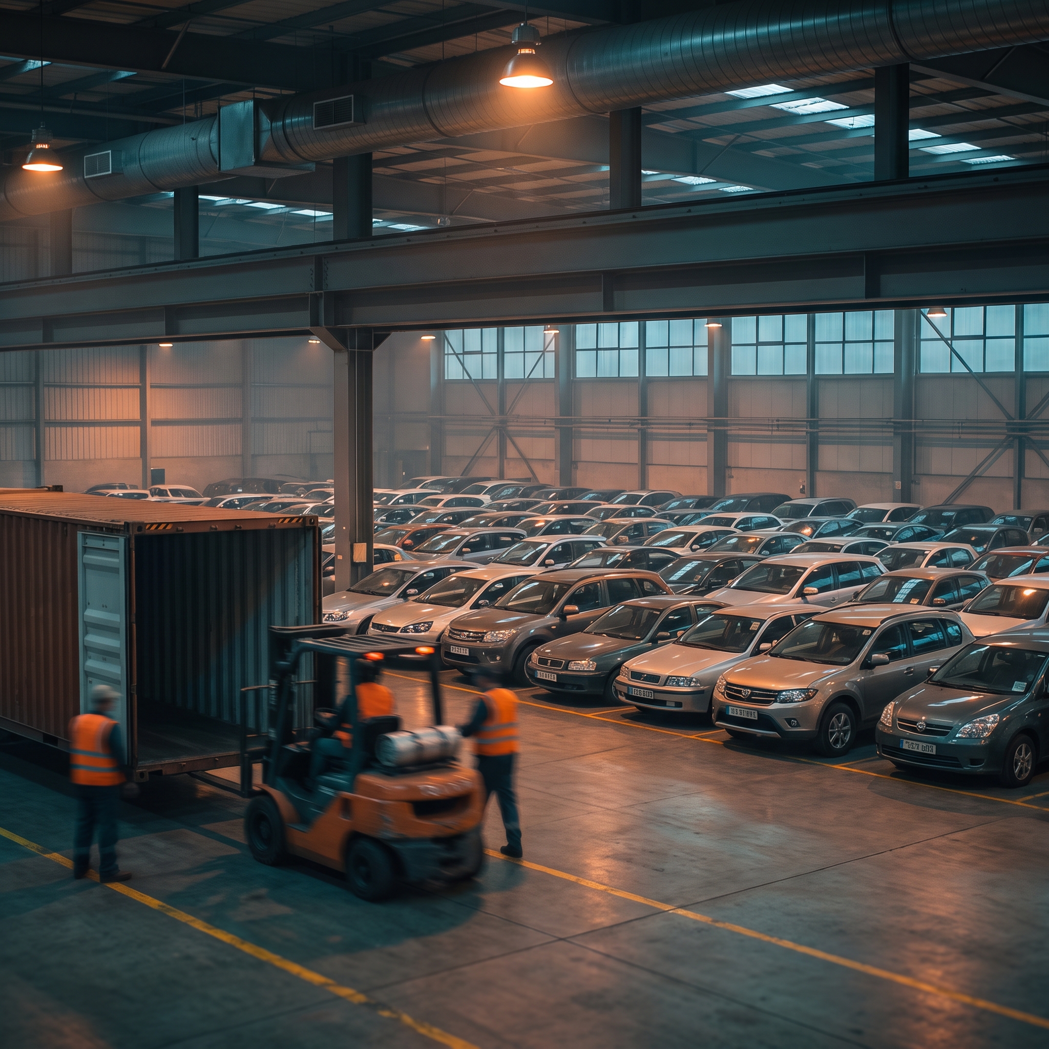Factory overview — 24,000 SQM warehouse, vehicles being loaded for export